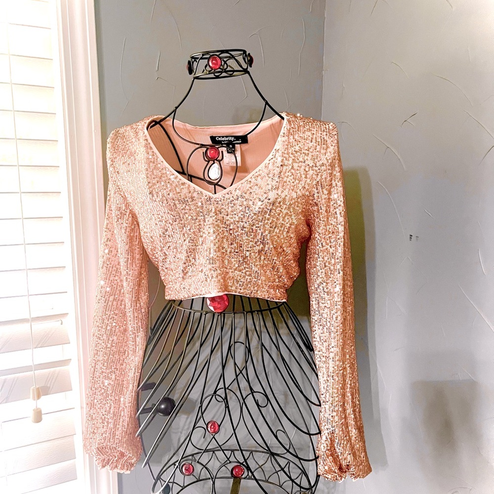 💋GORGEOUS Hera Collection Celebrity Fashion Sequined long sleeve dressy top SzS